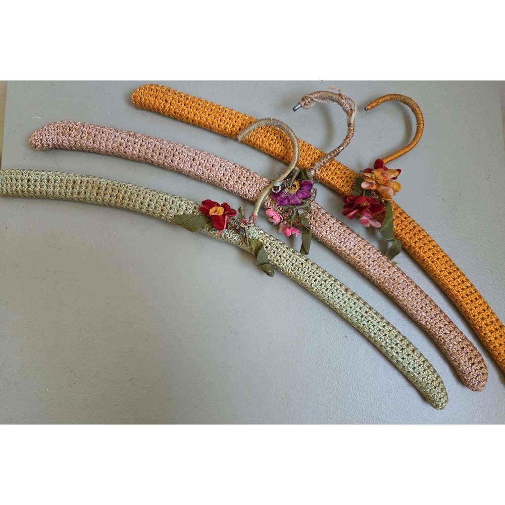 3 Vintage Crochet Clothes Hangers Floral Boudoir Handmade Covered Hangers